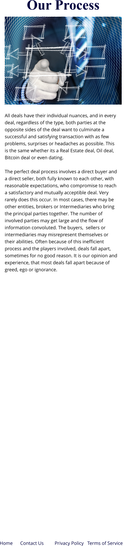 All deals have their individual nuances, and in every deal, regardless of the type, both parties at the opposite sides of the deal want to culminate a successful and satisfying transaction with as few problems, surprises or headaches as possible. This is the same whether its a Real Estate deal, Oil deal, Bitcoin deal or even dating.  The perfect deal process involves a direct buyer and a direct seller, both fully known to each other, with reasonable expectations, who compromise to reach a satisfactory and mutually acceptible deal. Very rarely does this occur. In most cases, there may be other entities, brokers or Intermediaries who bring the principal parties together. The number of involved parties may get large and the flow of information convoluted. The buyers,  sellers or intermediaries may misrepresent themselves or their abilities. Often because of this inefficient process and the players involved, deals fall apart, sometimes for no good reason. It is our opinion and experience, that most deals fall apart because of greed, ego or ignorance.  Our Process Privacy Policy   Terms of Service  Home Contact Us